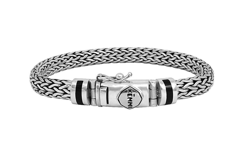 Men's Silver Snake Chain Black Onyx Bracelet