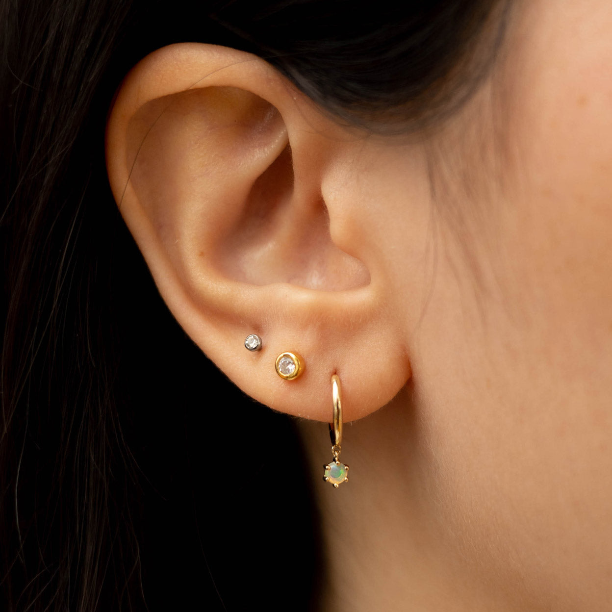 Solid Gold Opal Dangle Hoop Earring