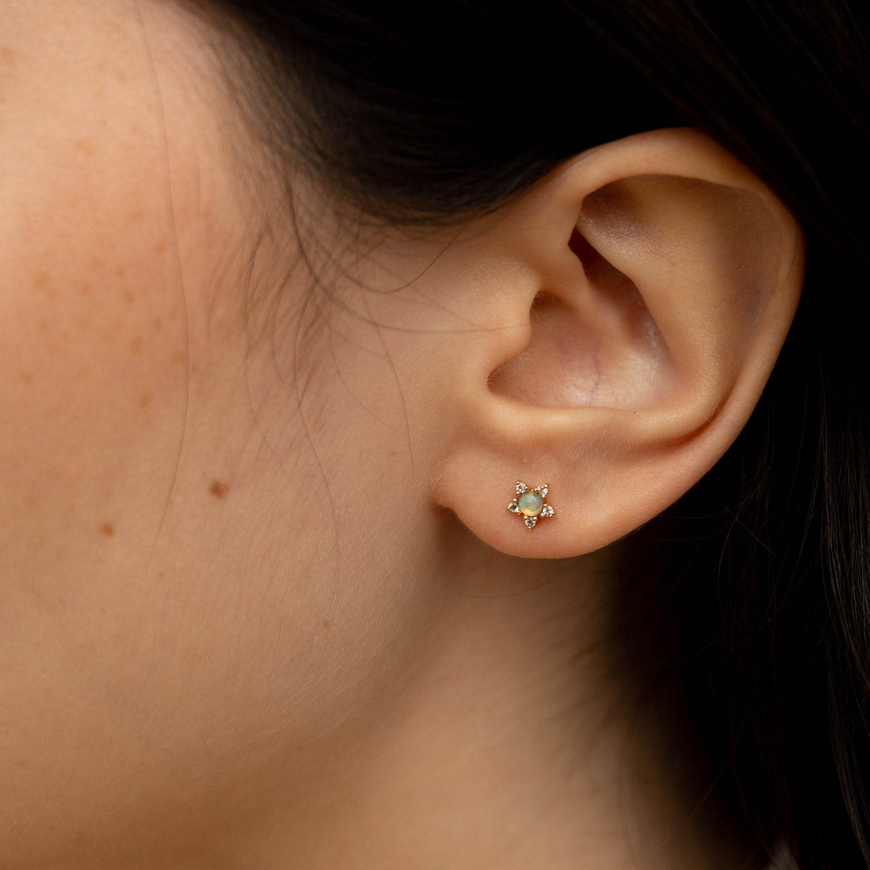 Solid Gold Star Opal Stud Earring