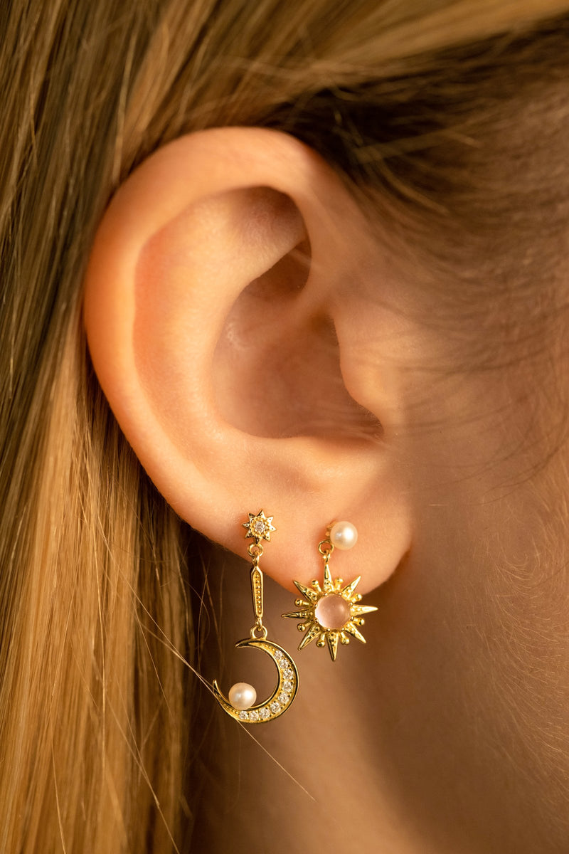 moon star drop earrings asymmetrical style handmade 18k gold vermeil rose quartz pearl cubic zirconia stones boho chic refined jewelry kemmi collection