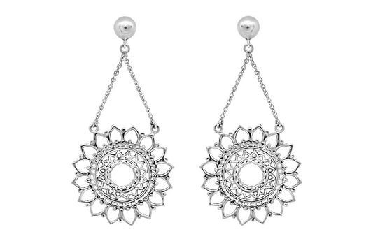 close up shot sterling silver sun mandala earrings for women boho bohemian chic style