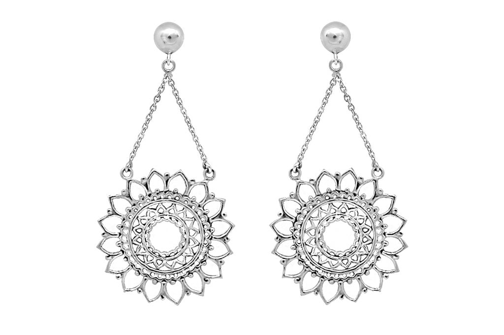 close up shot sterling silver sun mandala earrings for women boho bohemian chic style