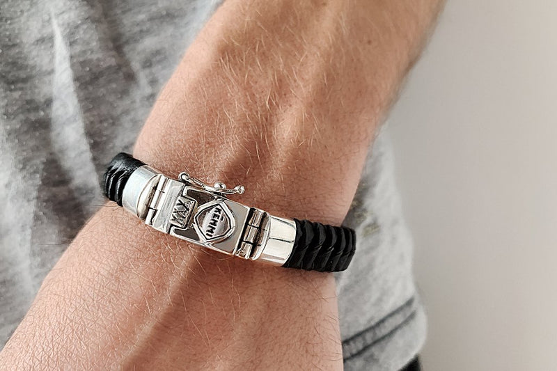 men's black leather woven bracelet silver closure security clasp kemmi collection
