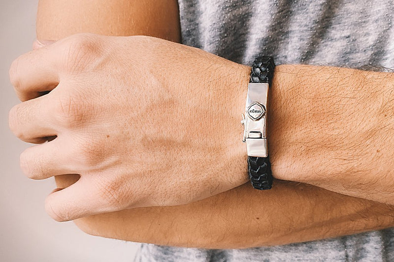men's black leather bracelet sterling silver closure clasp modern style kemmi collection