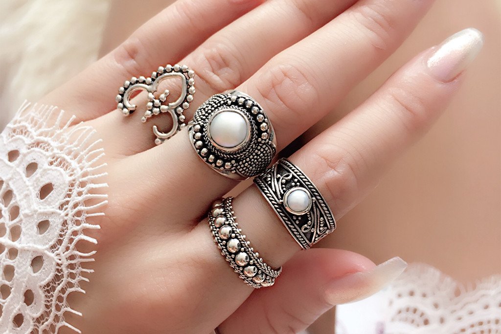 women's ring set sterling silver dainty stackable boho chic pearls jewellery kemmi collection