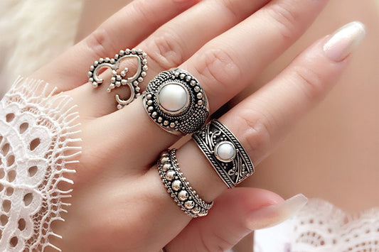women's ring set sterling silver dainty stackable boho chic pearls jewellery kemmi collection