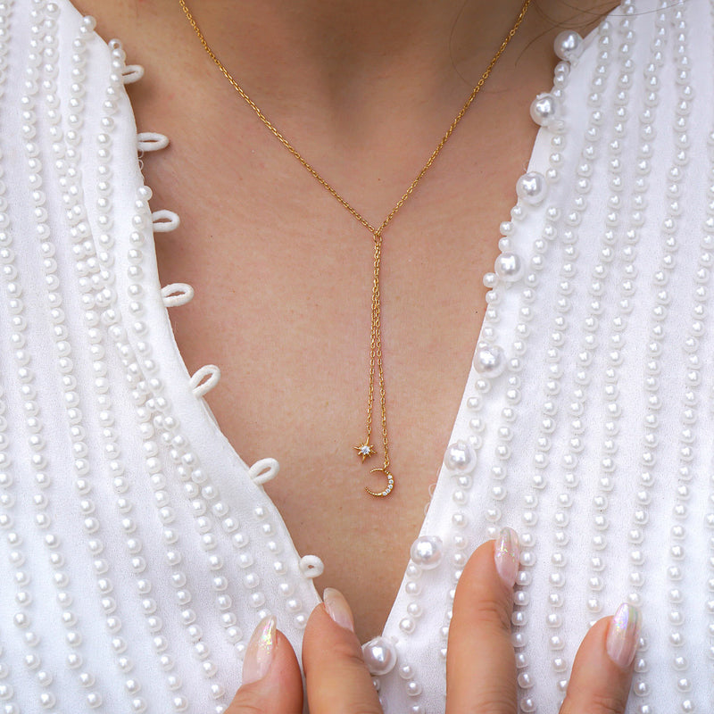 Collier goutte en vermeil en or 18 carats pendentif étoile de lune collier de style délicat bijoux de collection kemmi faits à la main